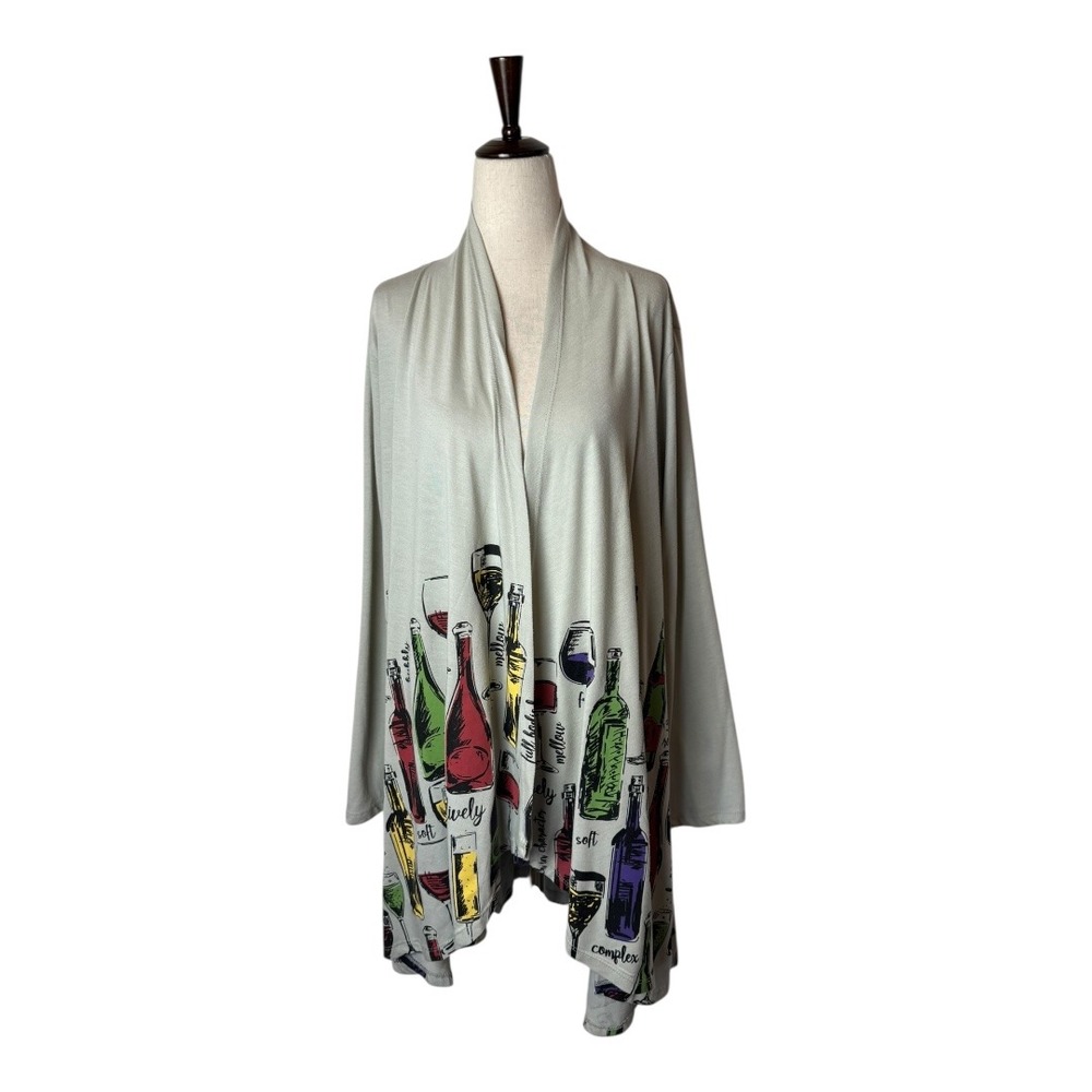 A Walk in the Park Sweater Women‎ XL Gray Wine Bottle Print Cardigan Boho Preppy